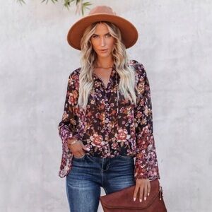 Koko + Mason Sheer‎ Floral Blouse Size S Pink Black Bell Sleeve 70s Hippie Boho